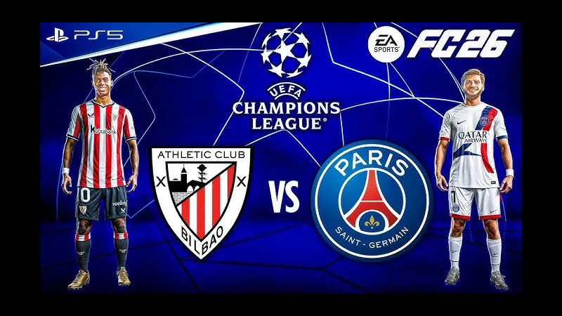 Cầu thủ của Athletic Bilbao áp sát cầu thủ của PSG trong một tình huống tranh chấp bóng.